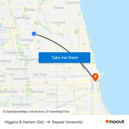 Higgins & Harlem (Se) to Depaul University map