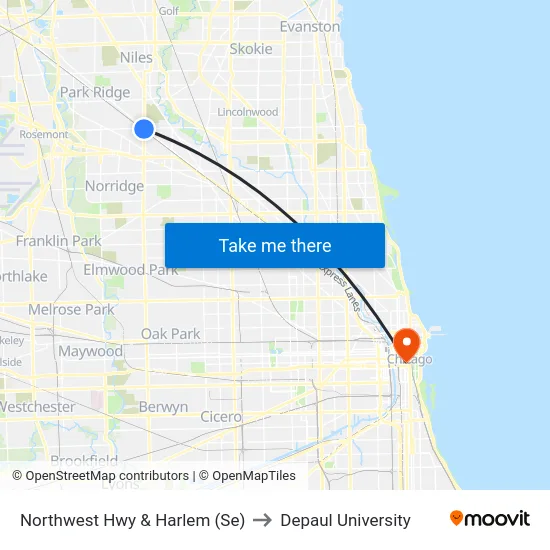 Northwest Hwy & Harlem (Se) to Depaul University map