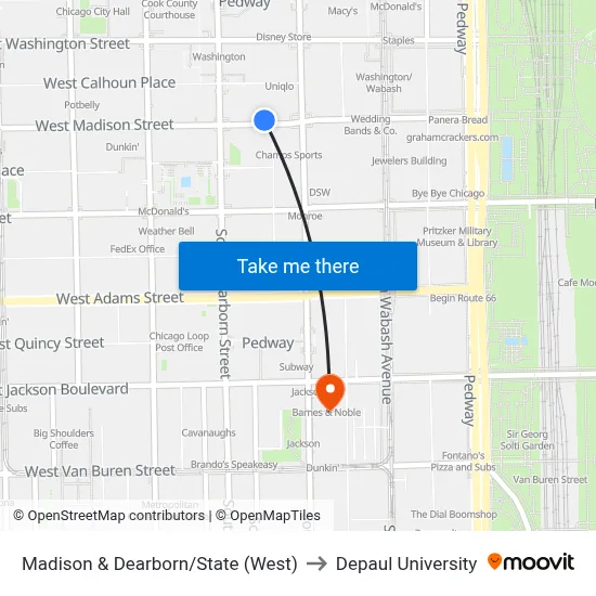 Madison & Dearborn/State (West) to Depaul University map