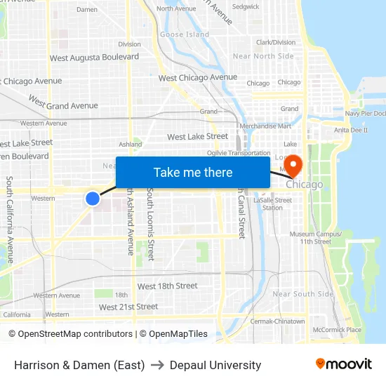 Harrison & Damen (East) to Depaul University map