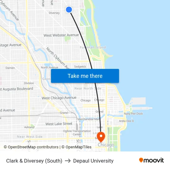 Clark & Diversey (South) to Depaul University map