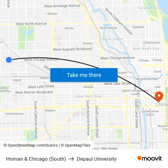 Homan & Chicago (South) to Depaul University map