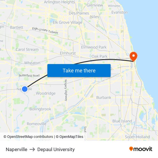 Naperville to Depaul University map