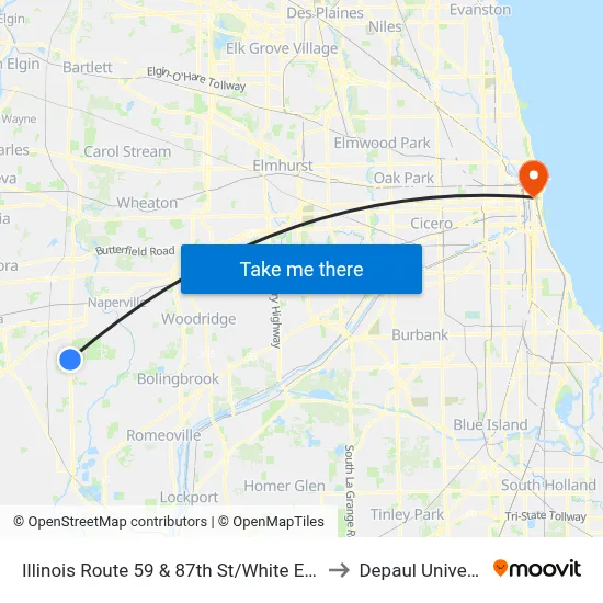 Illinois Route 59 & 87th St/White Eagle Dr to Depaul University map