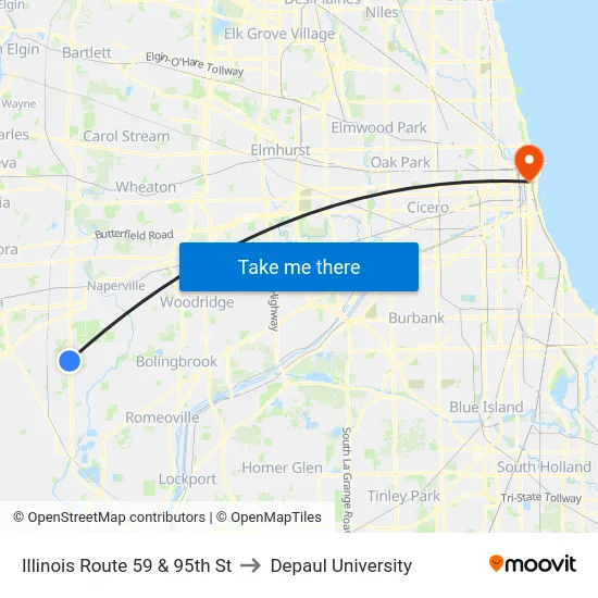 Illinois Route 59 & 95th St to Depaul University map