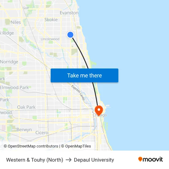 Western & Touhy (North) to Depaul University map