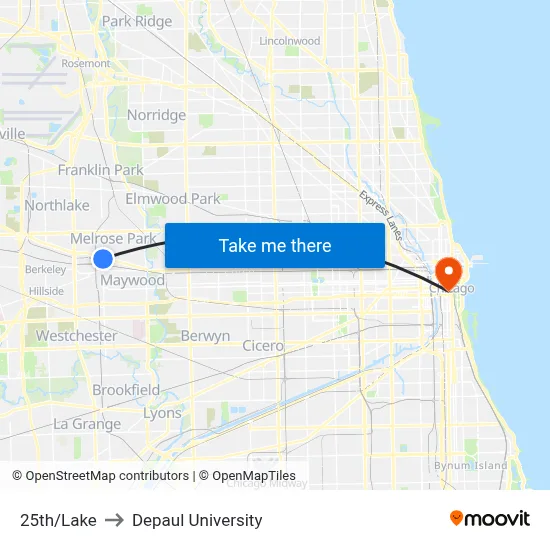 25th/Lake to Depaul University map