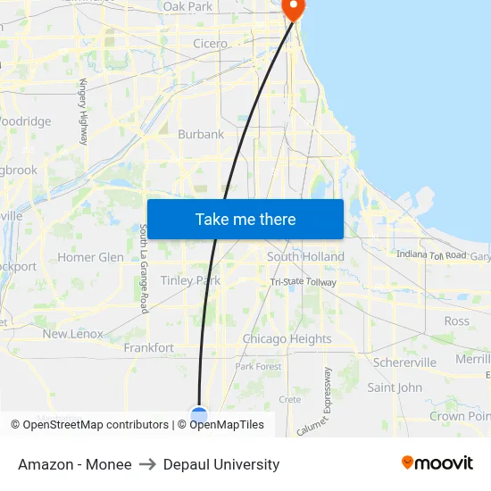 Amazon - Monee to Depaul University map