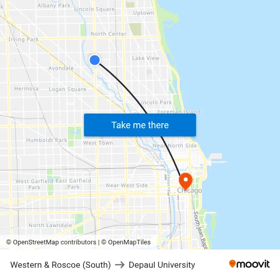 Western & Roscoe (South) to Depaul University map