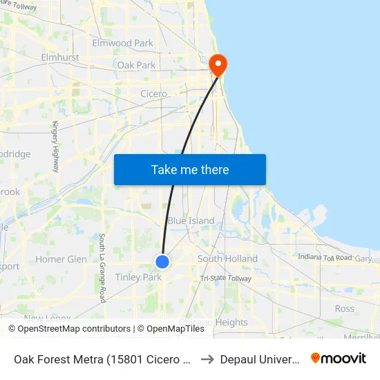Oak Forest Metra (15801 Cicero Ave) to Depaul University map