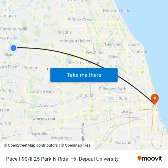 Pace I-90/Il-25 Park-N-Ride to Depaul University map