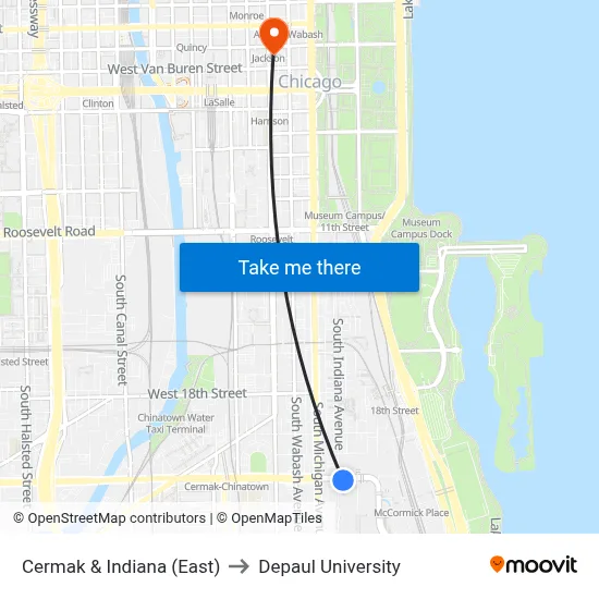 Cermak & Indiana (East) to Depaul University map