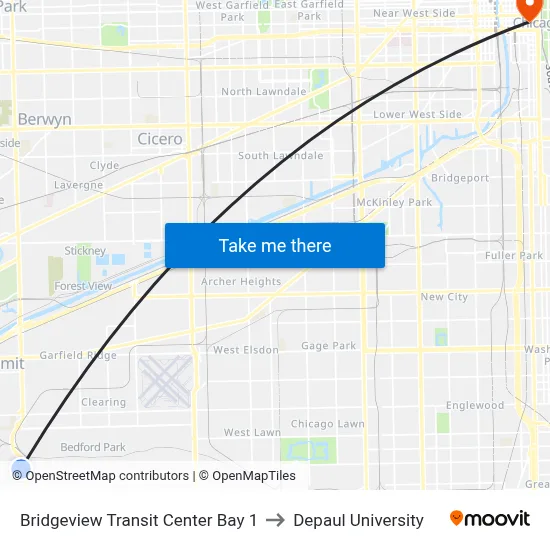 Bridgeview Transit Center Bay 1 to Depaul University map