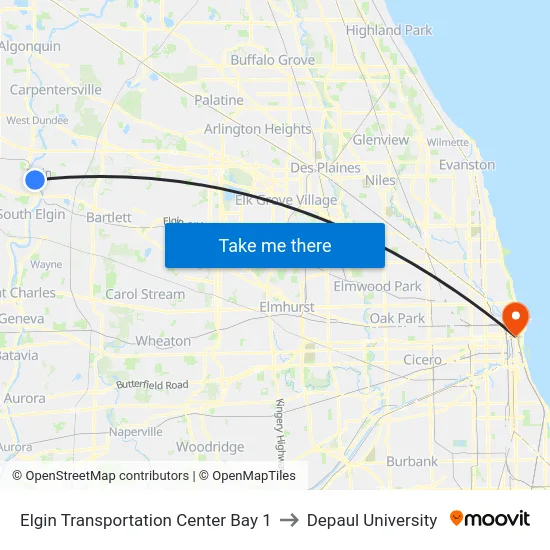 Elgin Transportation Center Bay 1 to Depaul University map