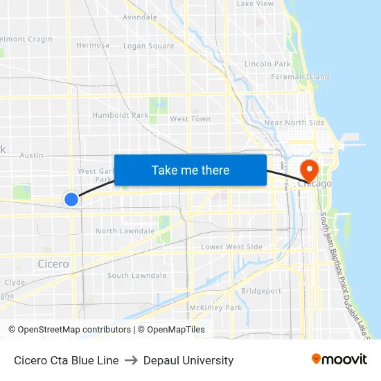 Cicero Cta Blue Line to Depaul University map