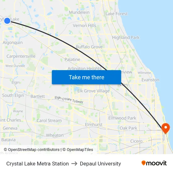 Crystal Lake Metra Station to Depaul University map