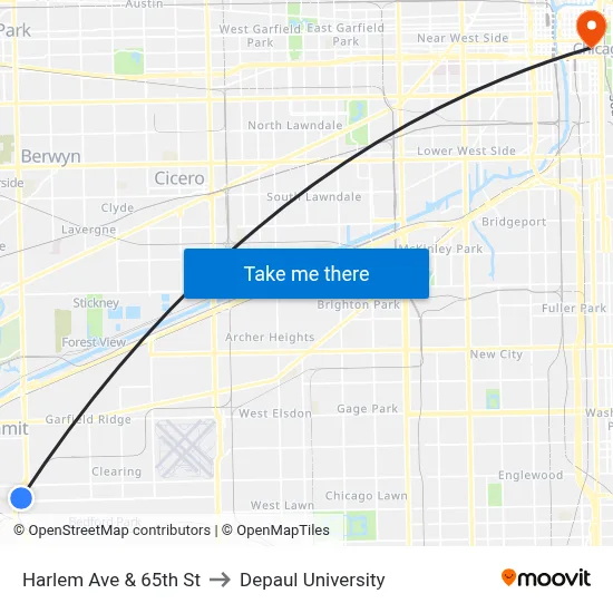 Harlem Ave & 65th St to Depaul University map
