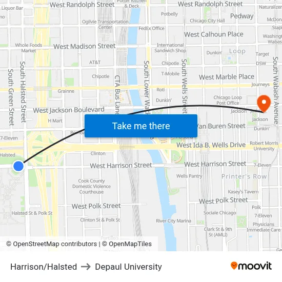 Harrison/Halsted to Depaul University map