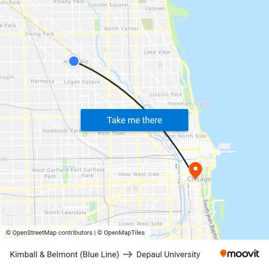 Kimball & Belmont (Blue Line) to Depaul University map