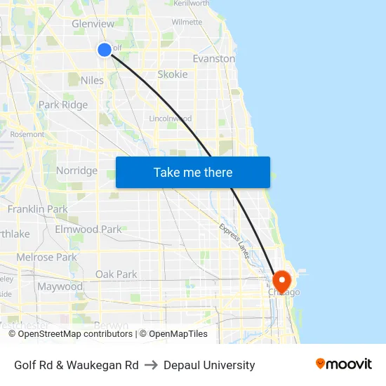 Golf Rd & Waukegan Rd to Depaul University map
