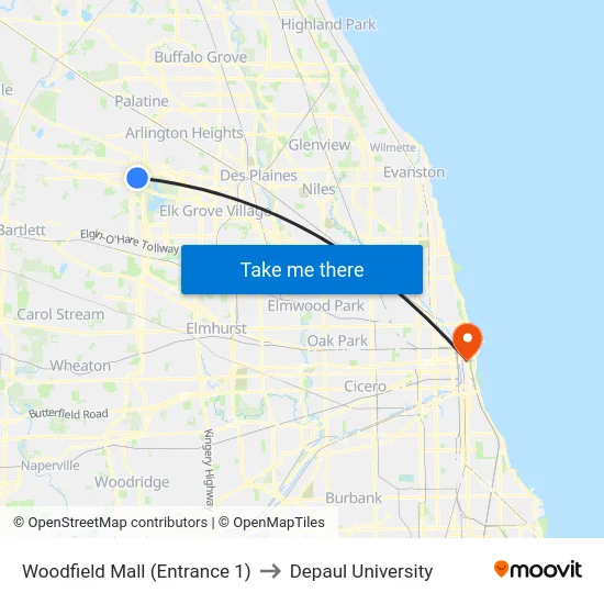 Woodfield Mall (Entrance 1) to Depaul University map