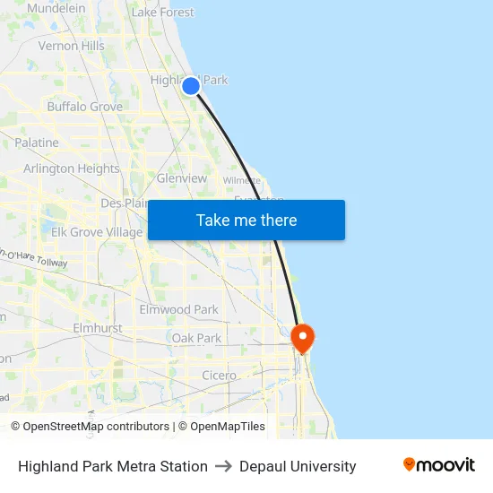 Highland Park Metra Station to Depaul University map