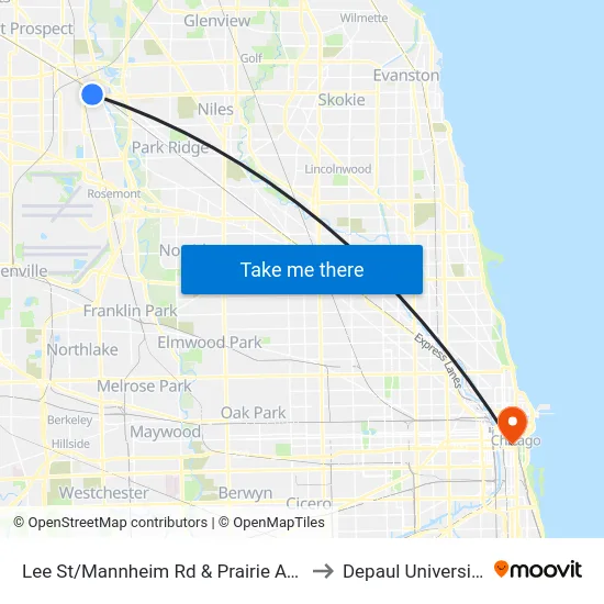 Lee St/Mannheim Rd & Prairie Ave to Depaul University map