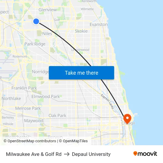 Milwaukee Ave & Golf Rd to Depaul University map