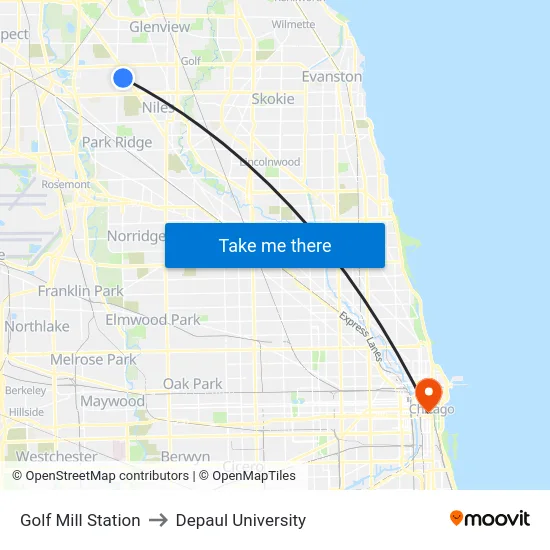 Golf Mill Station to Depaul University map