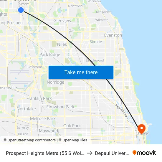 Prospect Heights Metra (55 S Wolf Rd) to Depaul University map