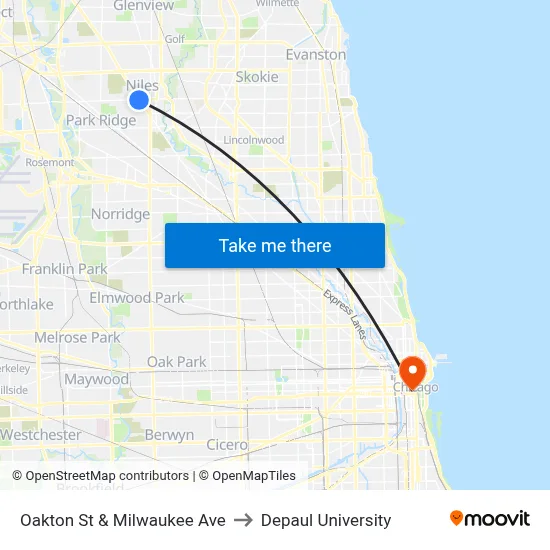 Oakton St & Milwaukee Ave to Depaul University map