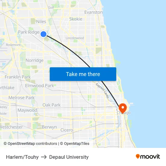 Harlem/Touhy to Depaul University map