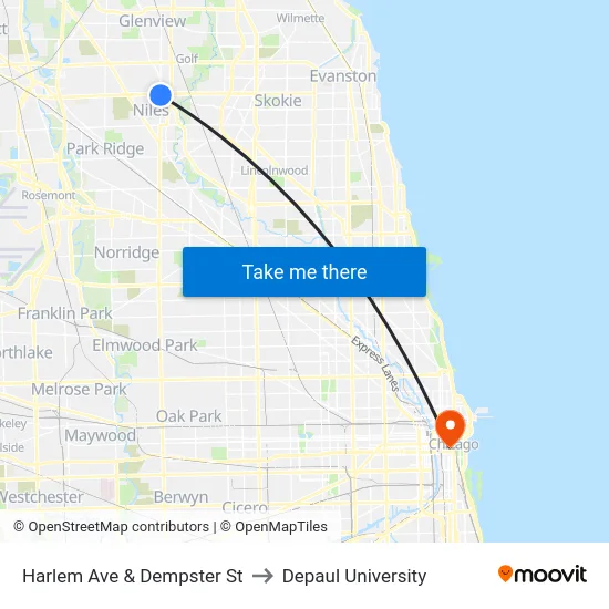 Harlem Ave & Dempster St to Depaul University map