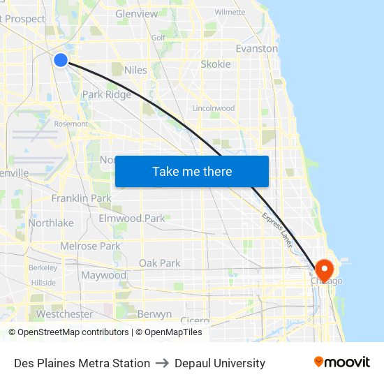 Des Plaines Metra Station to Depaul University map