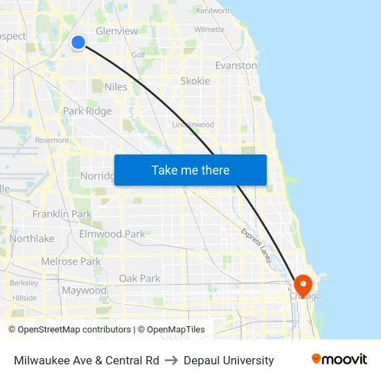 Milwaukee Ave & Central Rd to Depaul University map