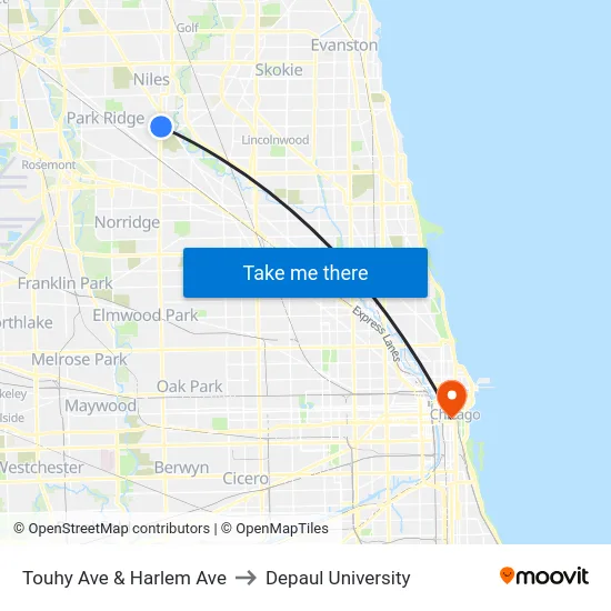 Touhy Ave & Harlem Ave to Depaul University map