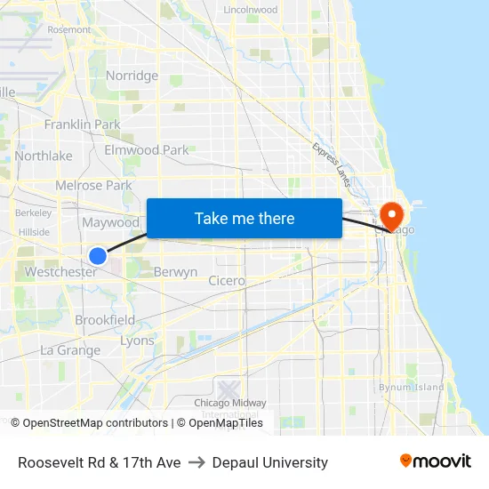 Roosevelt Rd & 17th Ave to Depaul University map