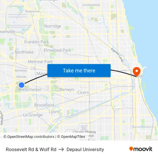 Roosevelt Rd & Wolf Rd to Depaul University map