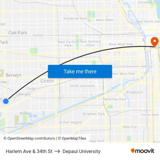 Harlem Ave & 34th St to Depaul University map