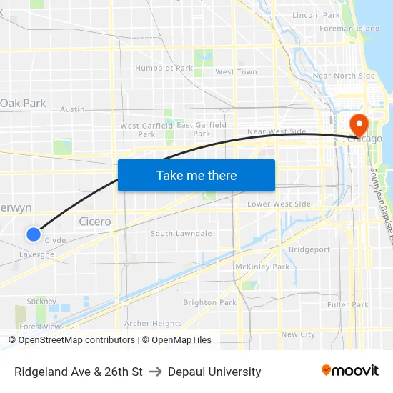 Ridgeland Ave & 26th St to Depaul University map
