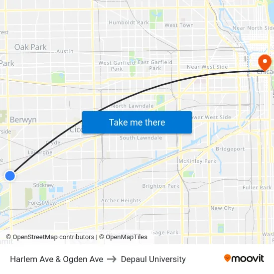 Harlem Ave & Ogden Ave to Depaul University map
