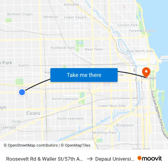 Roosevelt Rd & Waller St/57th Ave to Depaul University map