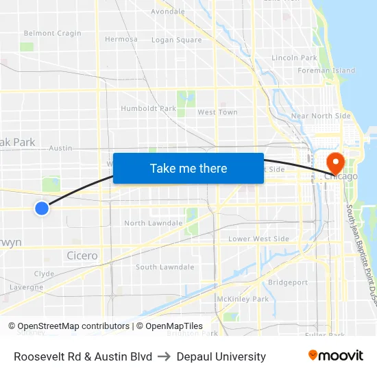 Roosevelt Rd & Austin Blvd to Depaul University map