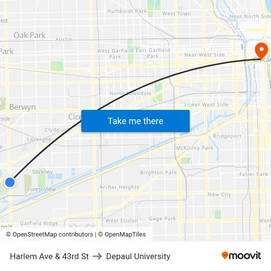 Harlem Ave & 43rd St to Depaul University map
