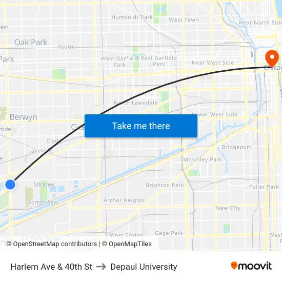 Harlem Ave & 40th St to Depaul University map
