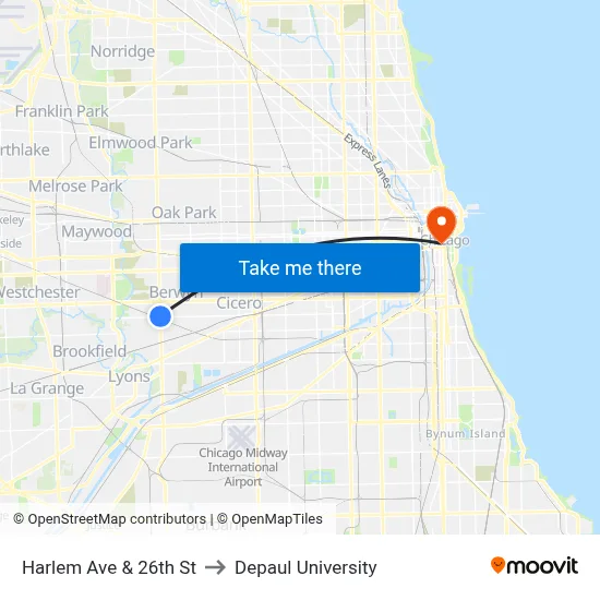 Harlem Ave & 26th St to Depaul University map