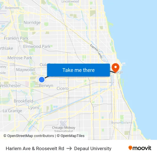 Harlem Ave & Roosevelt Rd to Depaul University map