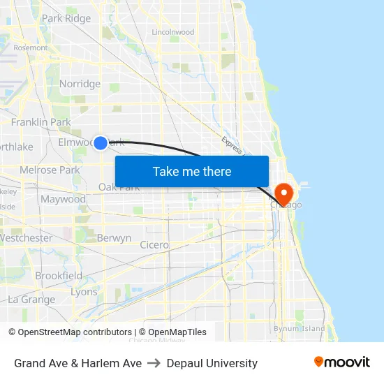 Grand Ave & Harlem Ave to Depaul University map