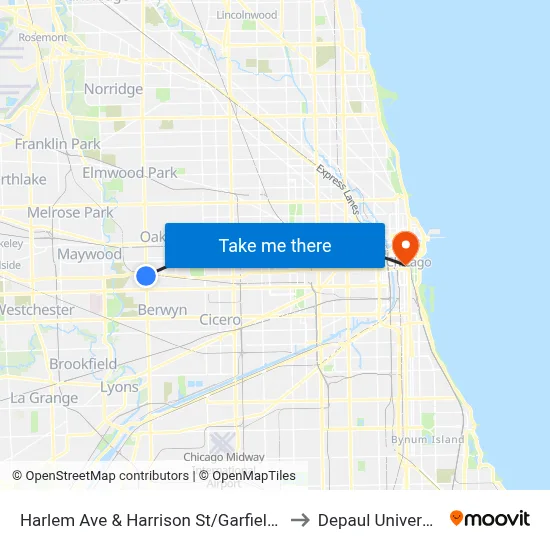 Harlem Ave & Harrison St/Garfield St to Depaul University map