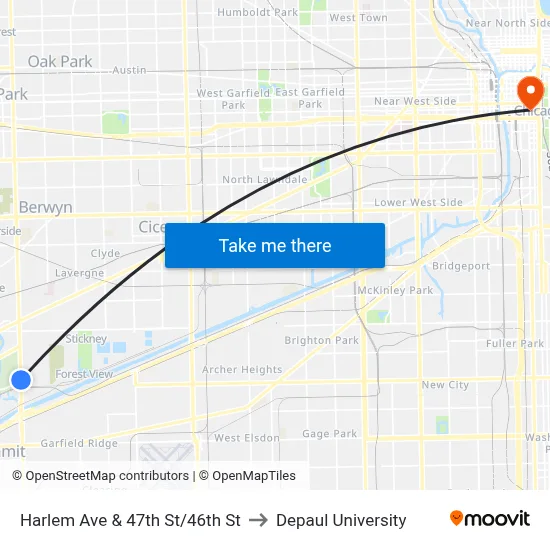 Harlem Ave & 47th St/46th St to Depaul University map